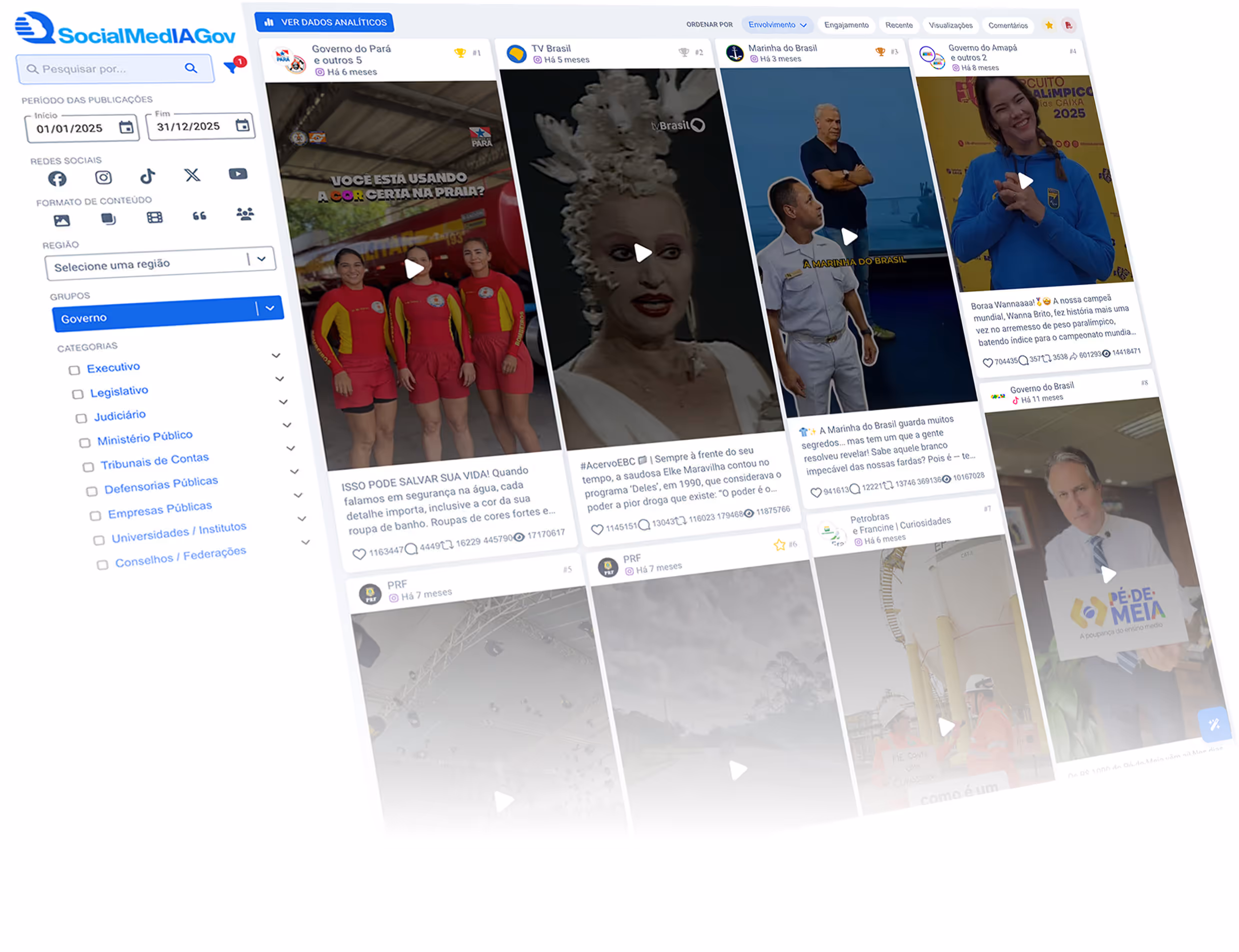 Dashboard interface showing social media posts from government groups with filters for date, social networks, content format, region, and categories on the left.