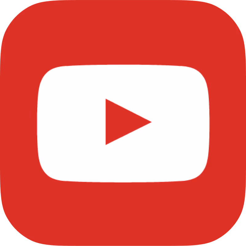 YouTube logo with a red rounded square and white play button triangle in the center.
