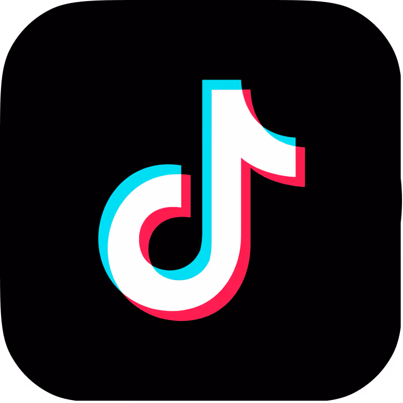 White TikTok logo with cyan and pink shadows on a black background.