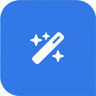 White magic wand with sparkles icon on a blue rounded square background.