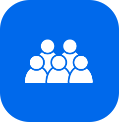 Icon of five white user figures representing a group on a blue background.