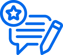 Blue icon of a speech bubble with lines of text, a pencil, and a star symbol inside a circle.