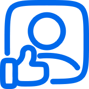 Blue icon of a person inside a rounded square with a thumbs-up symbol in front.